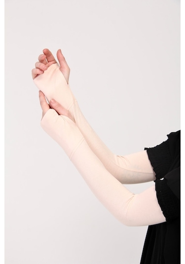 Parmak Geçmeli 45cm Likralı Penye Kolluk 1 Çift Pudra