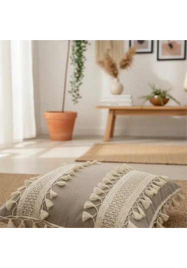 Bej Keten Kalın Dantel Ponponlu Kırlent 2 Adet Kırlent Kılıfı 43 X 43