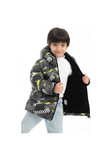 Erkek Çocuk Sarı Siyah Dijital Desen Içi Polar Su Ve Rüzgar Geçirmez Kapüşonlu Şişme Kışlık Mont Siyah - Sarı