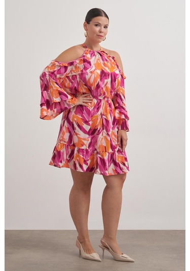 Pencere Detaylı Volanlı Elbise-6223 Çok Renkli