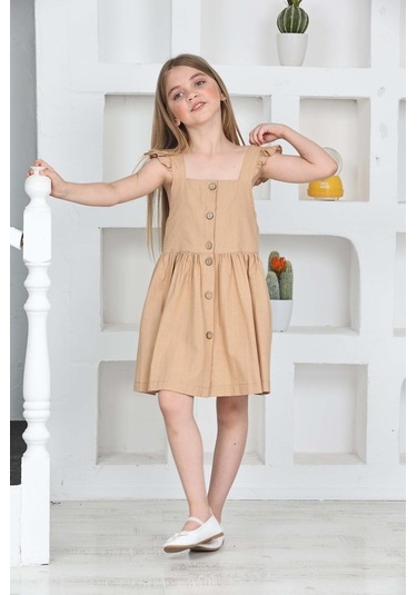 Kız Çocuk %100 Pamuk Keten Elbise 12197 Açık Kahve Açık Kahverengi