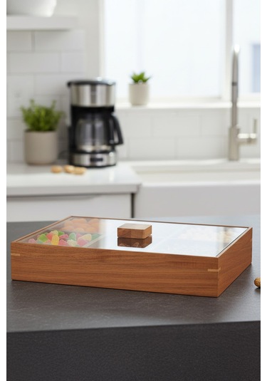 Porsima 76748 Akasya 6 Bölmeli Kapaklı Ahşap Bambu Çerezlik Sunumluk Saklama Kabı Ahşap