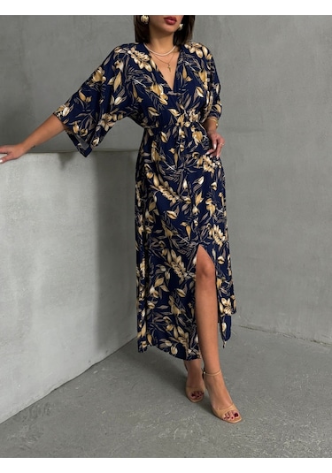 Kadın Kruvaze Yaka Yırtmaçlı Uzun Yazlık Elbise Lacivert