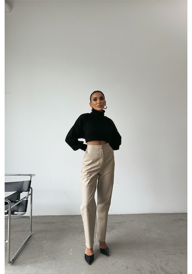 Gülsüm Aydın Deri Pantolon Diz Parçalı - Taş Altın