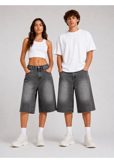 St.poll Eskitme Yıkama Unisex Baggy Denim Şort Füme