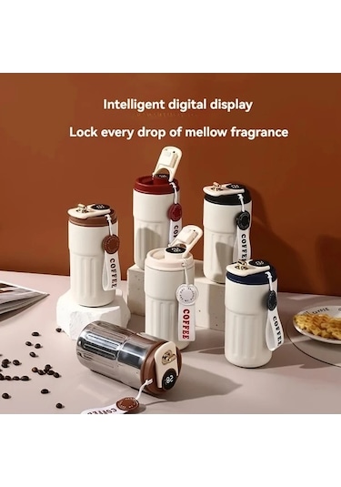 Trendooze Sunshine022 Kahverengi Çok Renkli Çizgili 472ml Paslanmaz Çelik Seyahat Termosu Dijital Sıcaklık Ekranlı Bpa İçermez Kahverengi