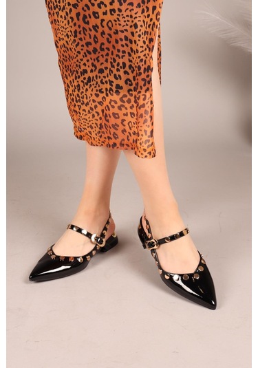 Feles Sarı Pul Detaylı Arkası Açık Kadın Babet Ayakkabı Siyah