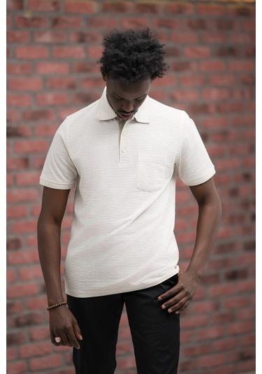 Advante Rahat Kesim Örme Dokumalı Cepli Polo Yaka T-shirt krem