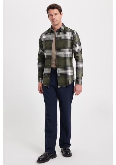 Tudors Erkek Slim Fit Dar Kesim Kareli Kışlık Oduncu Gömlek-42372 Haki