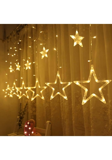 Dekoratif Yıldızlı Perde Fişli Led Işık Saçak Yıldız Animasyonlu