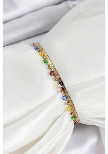 Shoecide 316l Çelik Gold Renk Karışık Renkli Kristal Taşlı Kadın Bileklik Çok Renkli