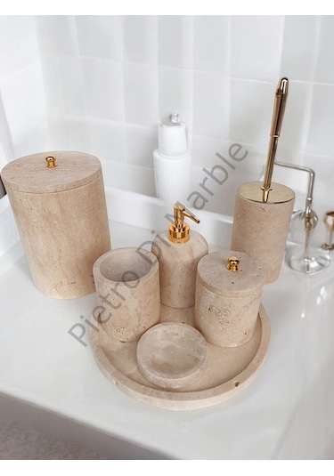 Sarı Traverten Klasik Model 7 Parça Gold Renk Düğme Aksesuarlı Banyo Seti Sarı Traverten