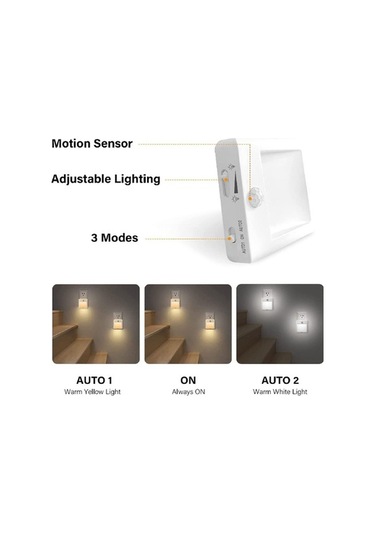 Fastbuy Döresshop Sensörlü Led Gece Lambası - 2'li Paket, Otomatik Açma/kapama, Ayarlanabilir Parlaklık Beyaz Beyaz