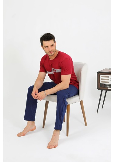 Akbeniz Erkek Pamuk Kısa Kol Pijama Takım Bordo 6875 Bordo