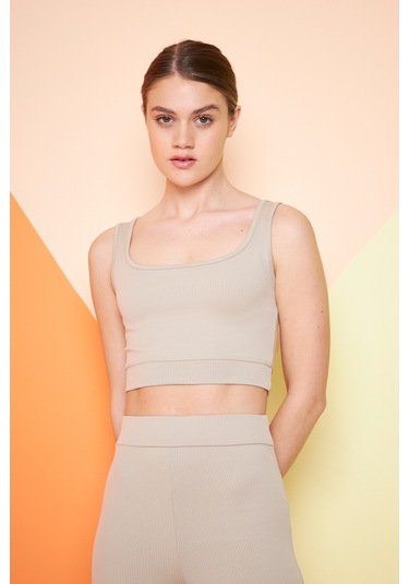 Fitilli Kare Yaka Esnek Örme Crop Büstiyer 3'lü Atlet Set Siyah - Haki - Bej