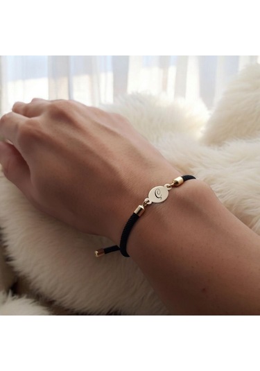 Ç Harfine Özel Oval Motifli İpek Örgülü 14 Ayar Altın Plakalı Hediye Bileklik-320harf-siyah Altın