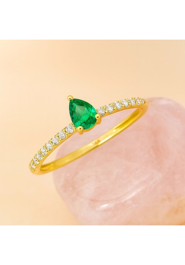 14 Ayar Altın Yeşil Zümrüt Taşlı Minimal Yüzük 14 Ayar Altın