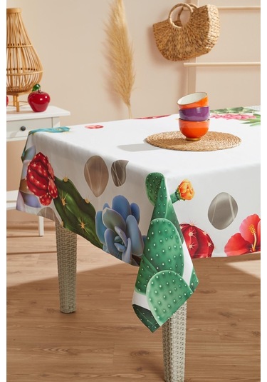 Kaktüs Desen Kare Leke Tutmaz Masa Örtüsü