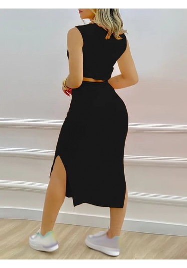 Modaserdem Kadın Iki Iplik Crop Etek Ikili Takım Siyah