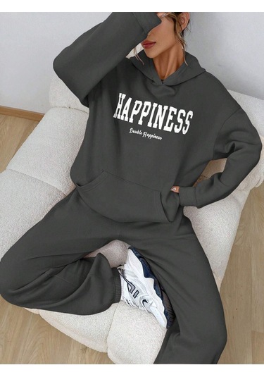 Happiness Eşofman Takımı Sweatshirt Jogger - Füme Baskılı Oversize Şardonlu Kapüşonlu Füme