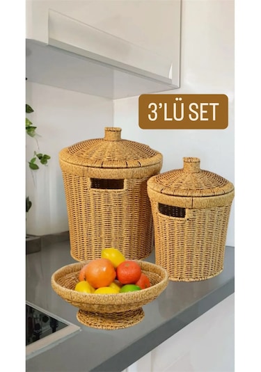 3'lü Hasır Set Kapaklı 2 Boy Patates Soğan Sepet Ve 26 Cm Meyveli