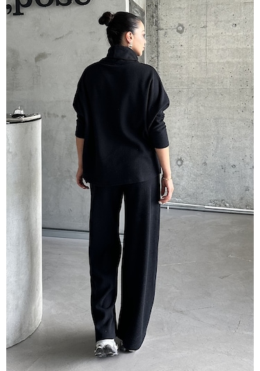 Modagen Kadın Selanik Kumaş Balıkçı Yaka Alt Üst Takım Siyah