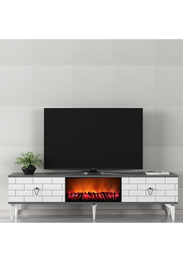 Volcanos Şömineli Tv Sehpası Tv Ünitesi Antrasit Beyaz