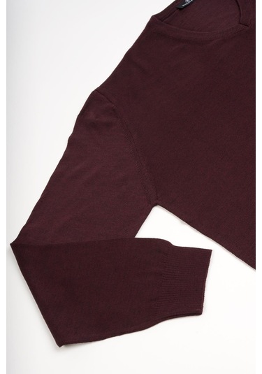 Woolen World V Yaka Battal Büyük Boy Yünlü Triko Kazak Bordo