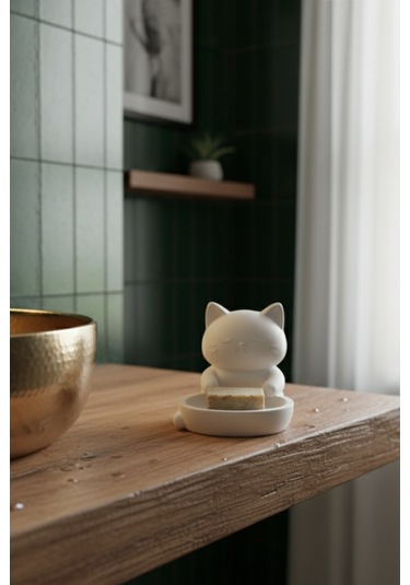 Oxyteez Kedi Figürlü Sabunluk Beyaz Renk Reçine Tasarım Ev Ve Ofis Dekorasyonu