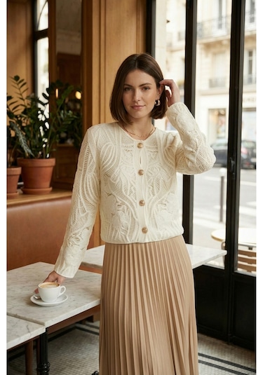 Sayzen Your Shine Dantel Desenli Gold Düğmeli Basic Ceket Shn-2602-tg Beyaz