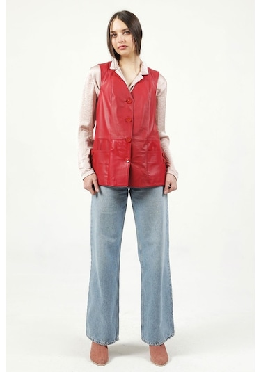 Dericlub Yb-2017 Gerçek Deri Kadın Yelek Kırmızı