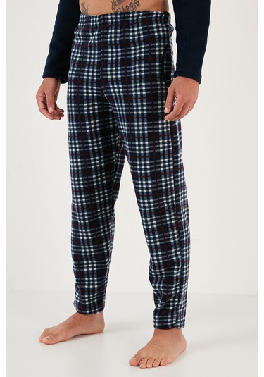 Buratti Ekoseli Regular Fit Düğmeli Bisiklet Yaka Kışlık Polar Erkek Pijama Takımı 60961002 Lacivert