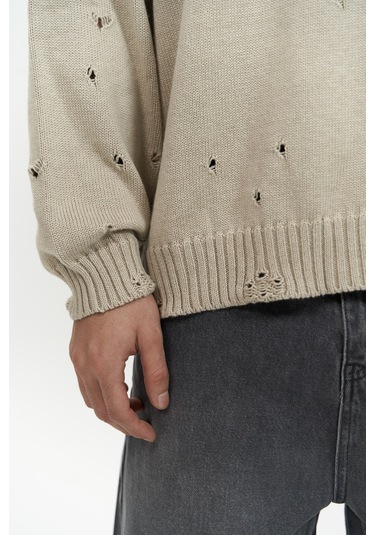 Alec Fitilli Yırtık Detay Bej Erkek Triko Kazak Bej