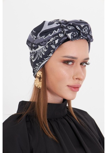 Antrasit Pratik Hazır Geçmeli Tesettür Bone Kesik Elyaf Retro Desenli 2409 25 Antrasit