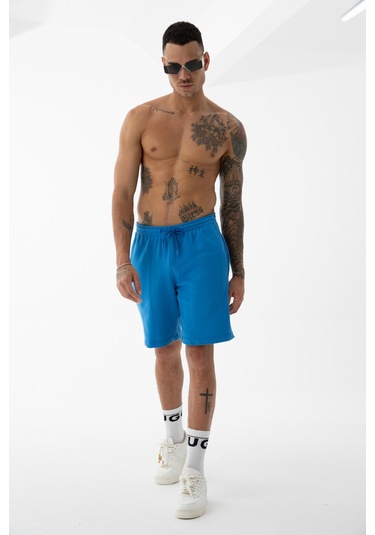 Erkek Mavi Yüksek Kalite Relax-fit Rahat Kesim %100 Pamuk Bağcıklı Siyah Düz Basic Şort Mavi