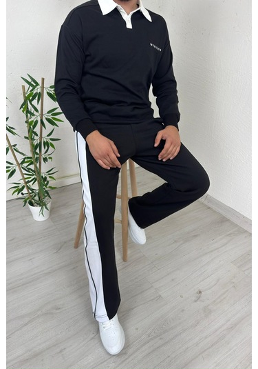 Explode - Erkek Siyah Polo Yaka Baggy Çizgili Günlük Takım Siyah