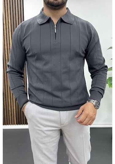 Erkek Yarım Fermuarlı Polo Yaka Mevsimlik Kazak Füme Edw195 Füme