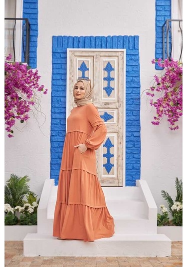 6510-linda Büzgülü Elbise Somon Somon