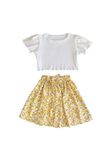 Çocuk Etekli Crop Takım, Çiçekli Sarı Etek - Ekru Crop Ekru -sarı Ekru - Sarı