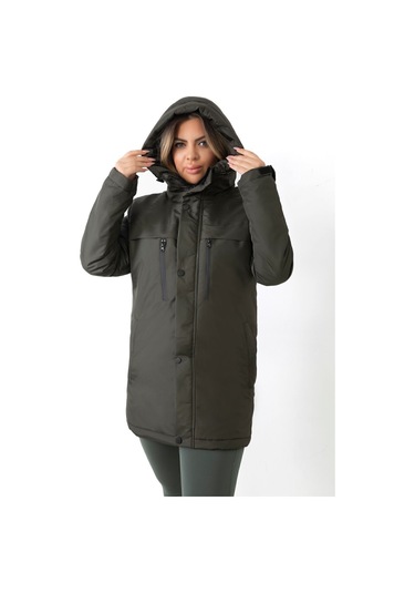 Kadın Haki Içi Polarlı Su Ve Rüzgar Geçirmez Kapüşonlu Kışlık Mont & Kaban & Parka Haki
