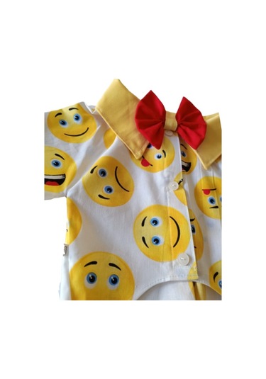 Gobo Emoji Desenli Kırmızı Papyonlu Beyaz Kedi Köpek Kıyafeti Elbisesi