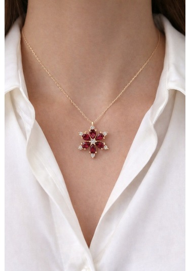 Çekirdekjewelry 925 Ayar Gümüş Kırmızı Taşlı Kamelya Çiçeği Kolye Sarı Kırmızı
