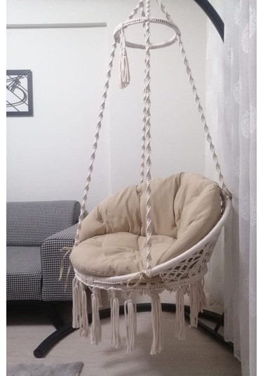 Tek Kişilik Makrome El Örgüsü Salıncak Krem Minder Ve Askı Demiri İle - Mis38003ma Krem