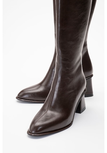 Paradis Kahverengi Cilt Kadın Kalın Topuklu Çizme Kahverengi Deri