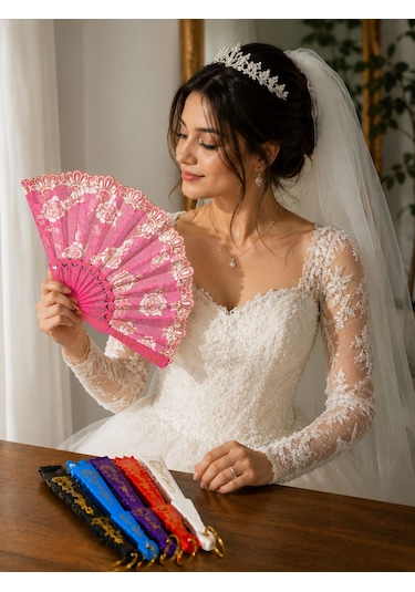 Dantelli Dekoratif El Yelpazesi Renkli Katlanır 04