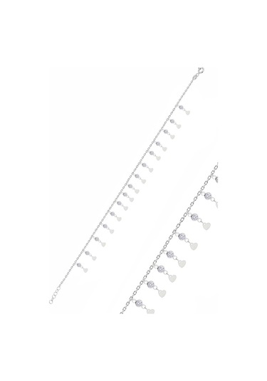 Sogutlusilver Gümüş Rodyumlu Zirkon Taşlı Çift Sıra Kalp Pullu Halhal Gümüş