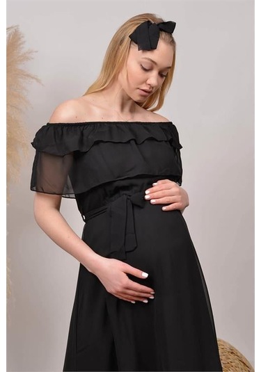 Kadın Kuşaklı Şifon Hamile Elbisesi Dphml8060 Siyah