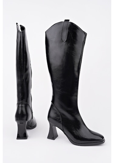 Muggo Astoria Küt Burun Yandan Fermuarlı Topuklu Kadın Çizme SİYAH RUGAN