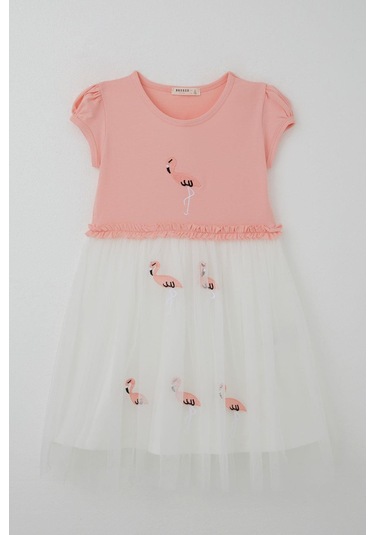 Breeze Kız Çocuk Elbise Sevimli Flamingo Nakışlı Tüllü 4-8 Yaş, Somon SOMON