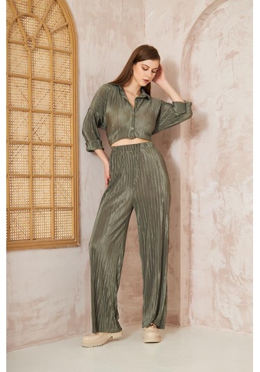 Kadın Pliseli Beli Lastikli Pantolon Tunik Gömlek Ikili Bürümcük Salaş Takım 3573300 Haki